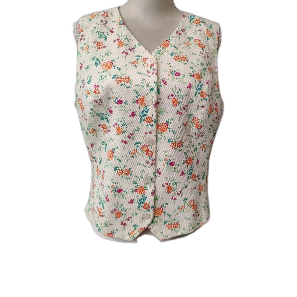 Vtg Casual Corner Vest Women Sz 14 Boho Button Y2K Floral USA Cotton Coquette